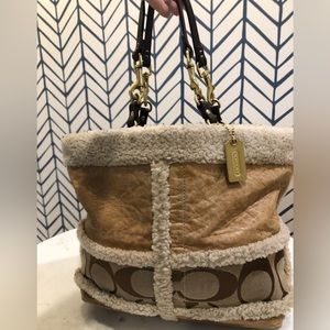 Vtg Auth Coach Monogram 10393 Leather & Shearling Bag Tote Shoulder Fur Purse
